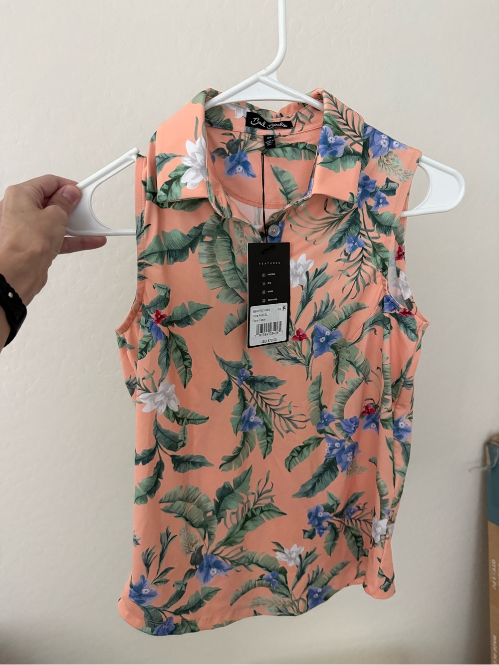 Bad Birdie Peach Tropical Floral Sleeveless Polo